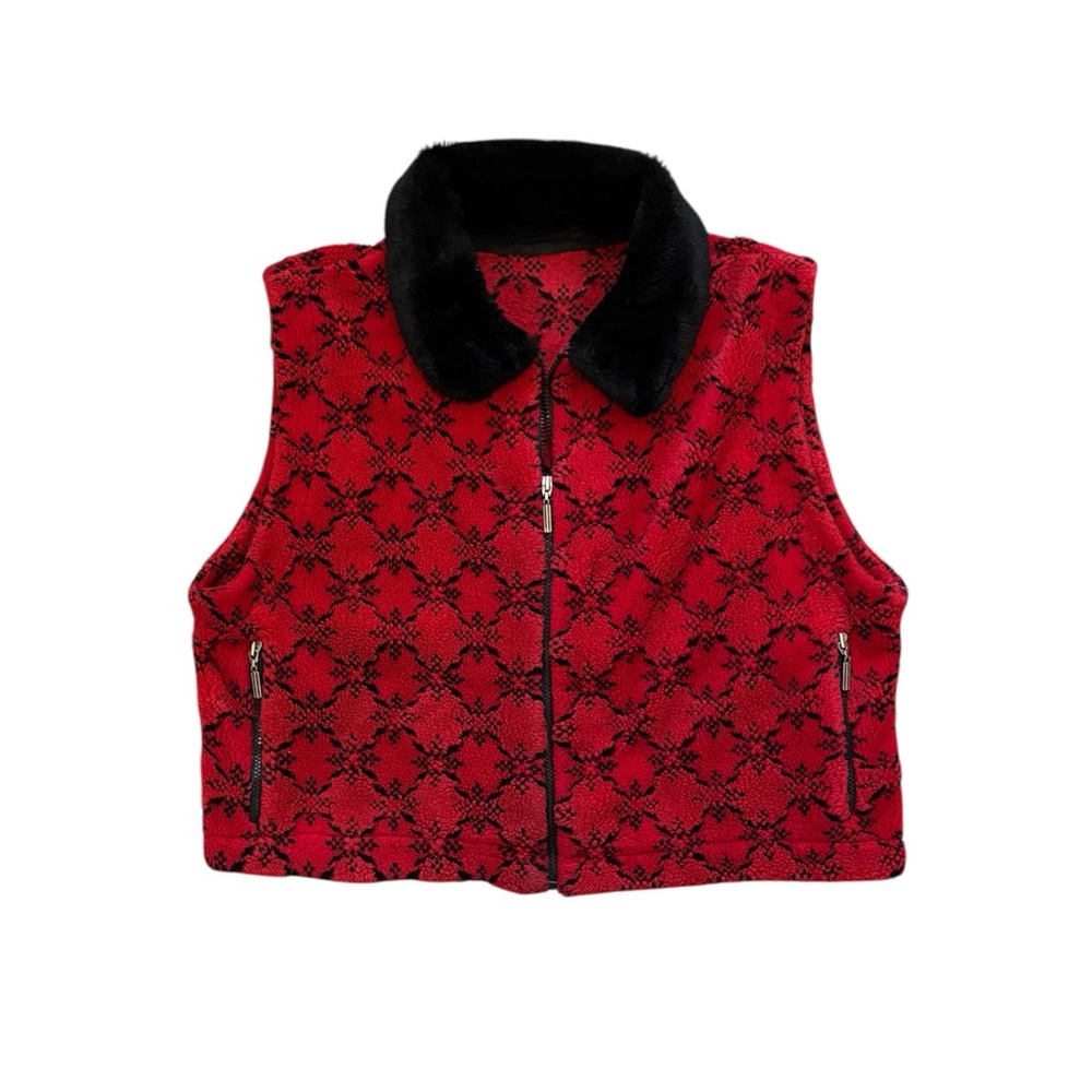 Vintage 90s Y2K Faux Fur Collar Fleece Vest Nordic Cabincore XL